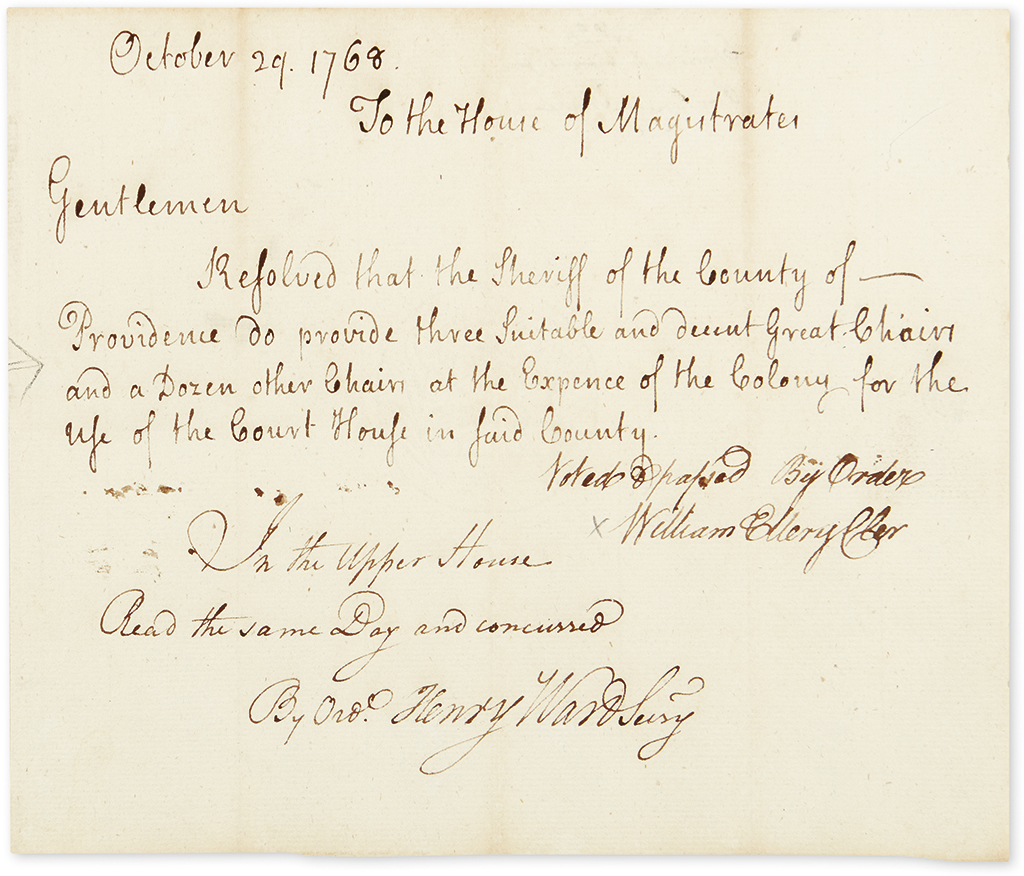ELLERY, WILLIAM. Document Signed, Voted & passed By Order / William Ellery Cler[k], as Clerk of the Rhode Island House of Magistrates